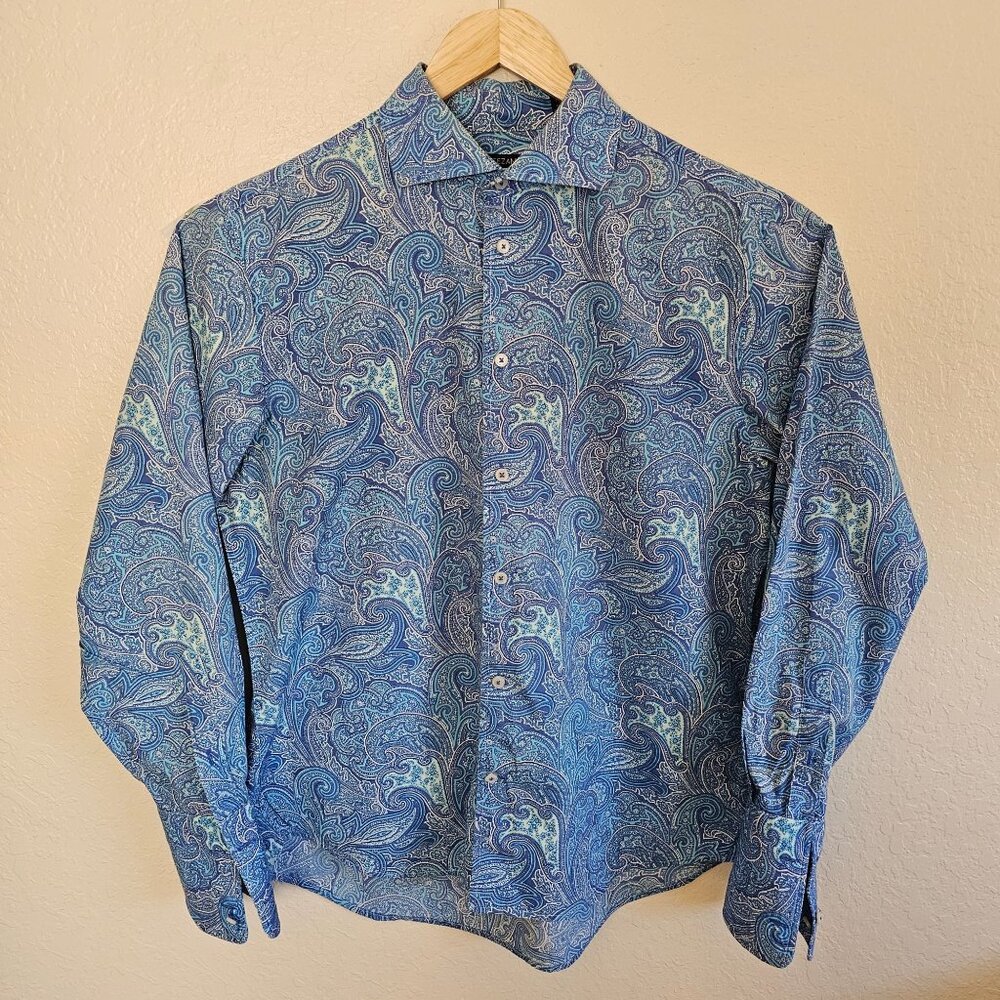 Cezani Mens Long-Sleeve Shirt Blue Paisley Print 100% Cotton Button-Up Size L
